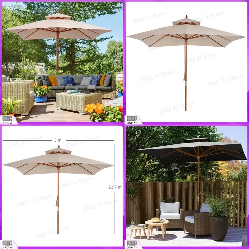 3x3m Double Tier Garden Umbrella Outdoor Patio Parasol Sunshade Canopy Wooden Frame Beige for Backyard Deck Yard