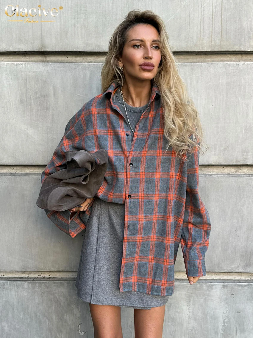 Clacive Fashion Loose Plaid Woman Blouse 2024 Casual Lapel Long Sleeve Office Shirts Elegant Classic Blusa Tops Female Clothing