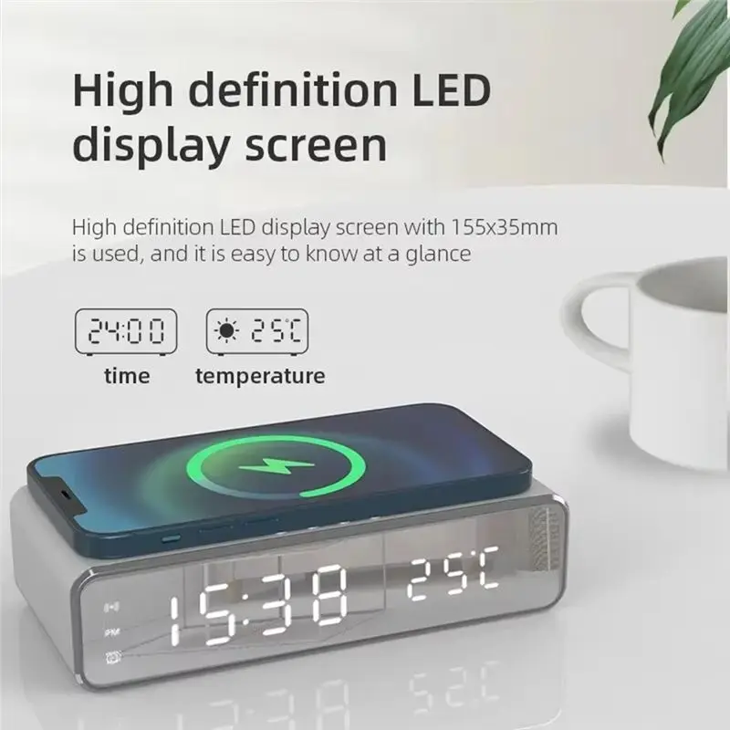 Wireless Time Alarm Clock LED Digital Thermometer Earphone Phone Chargers Fast Charging Dock Station