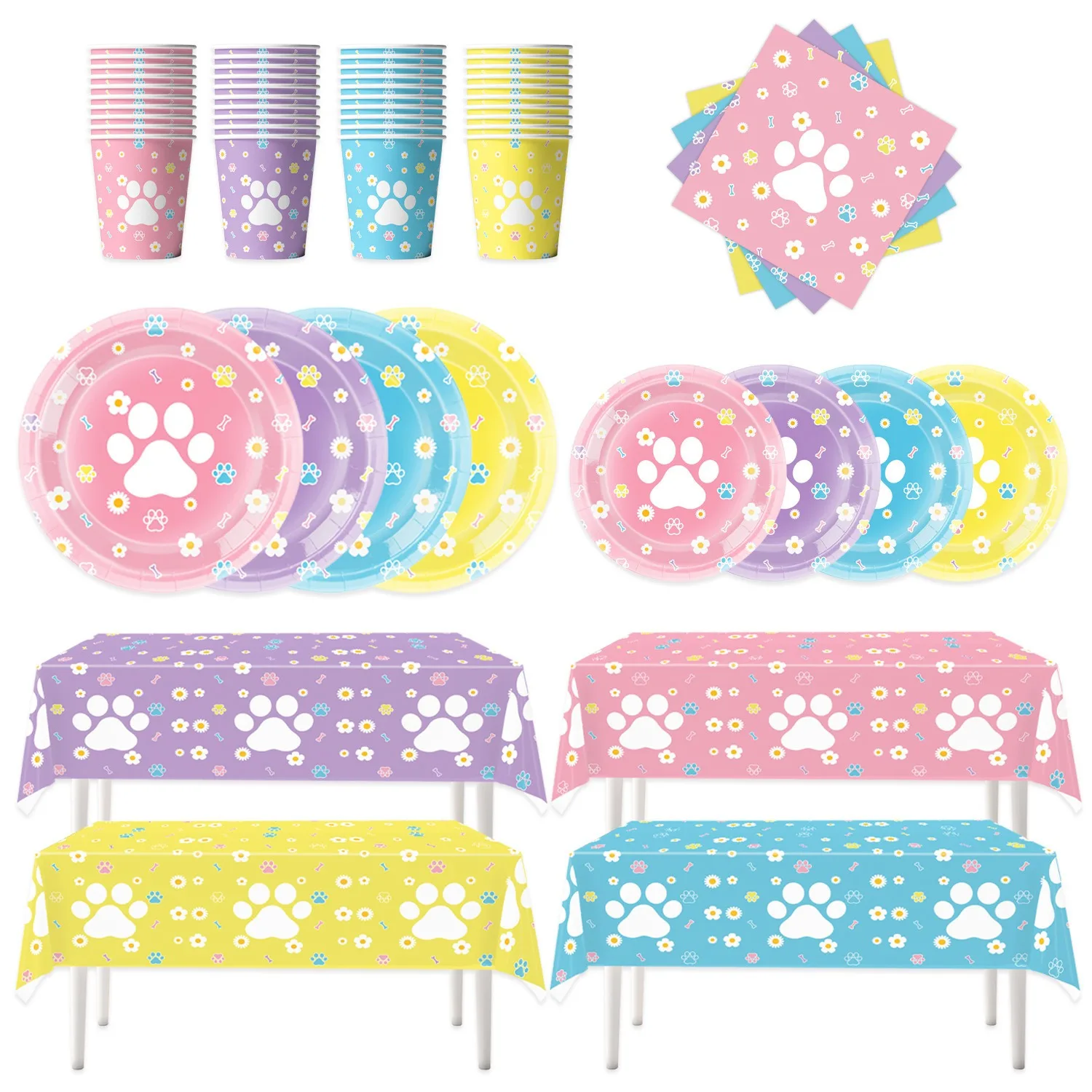 Macaron Colorful Paw Print Decor Set Disposable Paper Plates Cups Tablecloth Napkins Pet Themed Party Supplies Baby Shower Party