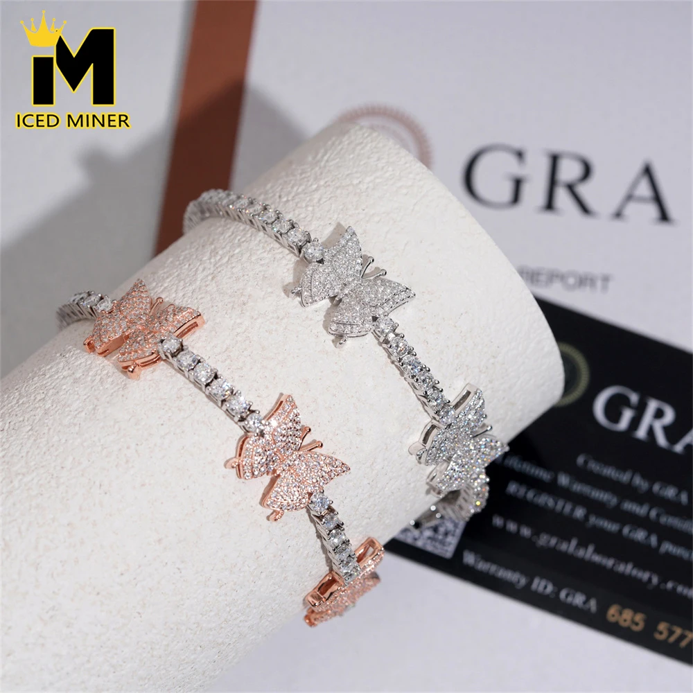 

Icedminer 3mm Moissanite Butterfly Tennis Link Chain Iced Out Bracelets For Men Women S925 Silver Choker Pass Tester Hip Hop GRA