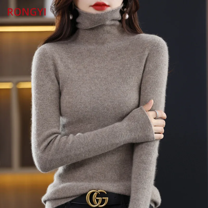 RONGYI 100% Pure Wool Women's Turtleneck One-Line Ready-to-Wear Pullover Cashmere Knit Sweater Autumn and Winter Solid Top J2203