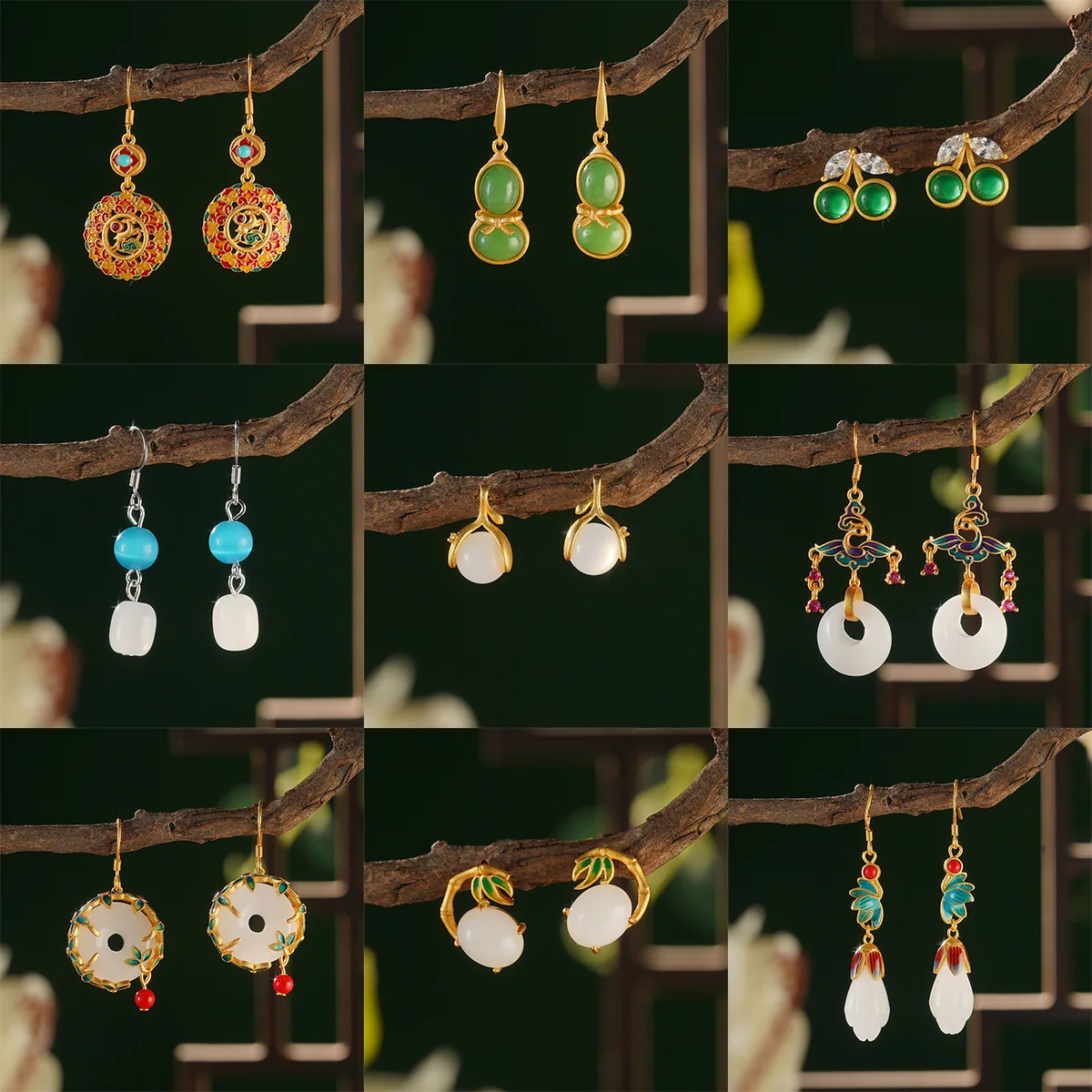 العرقية الصينية قلادة من اليشم أقراط للنساء الفاخرة التقليدية مهرجان مجوهرات الزفاف خمر سحر تصميم هدايا عيد الميلاد