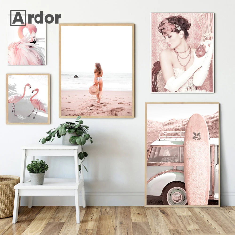 

Retro Pink Mobike Tropical Flower Poster Beach Tower Surfboard Surfer Girl Print Nordic Wall Art Pictures Living Room Home Decor