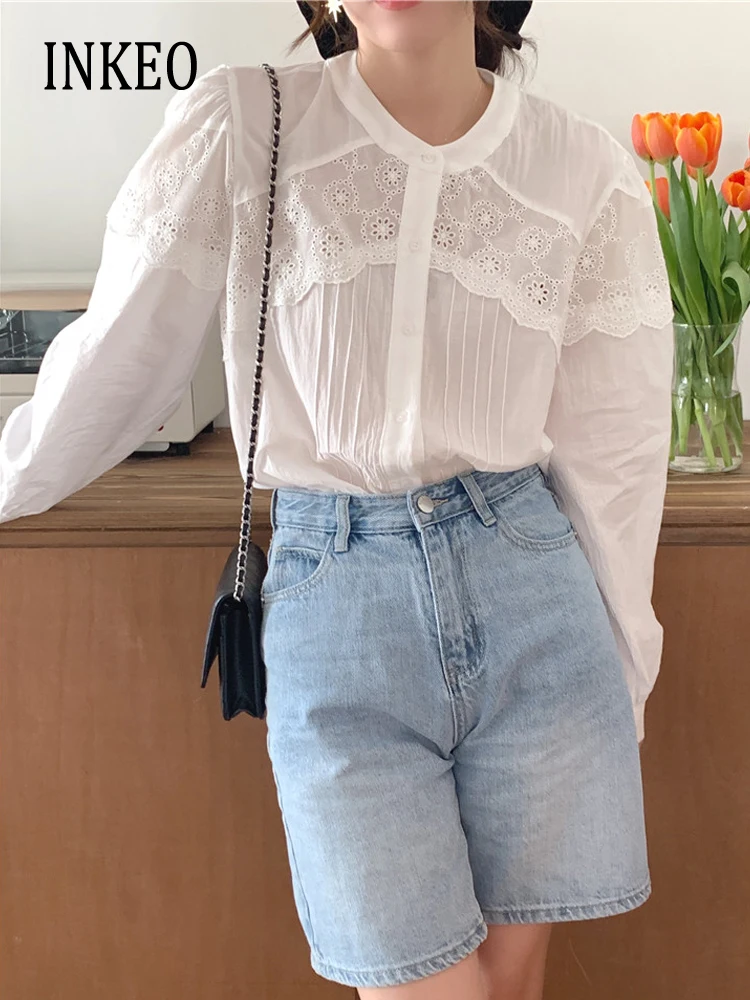 Stylish Women\'s O-neck lace shirt Loose White Summer Long sleeve Cutwork embroidery blouse Basic tops 2023 Lady Chic INKEO 3T159