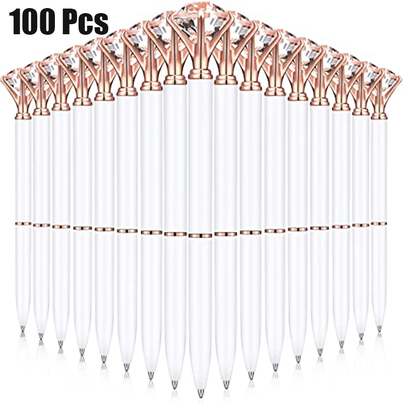 100Pcs Luxury White Clear Crystal Diamond Twist Pens Rose Gold Trim Smooth Quick Dry Black Ink Elegant Writing Pens for Wedding