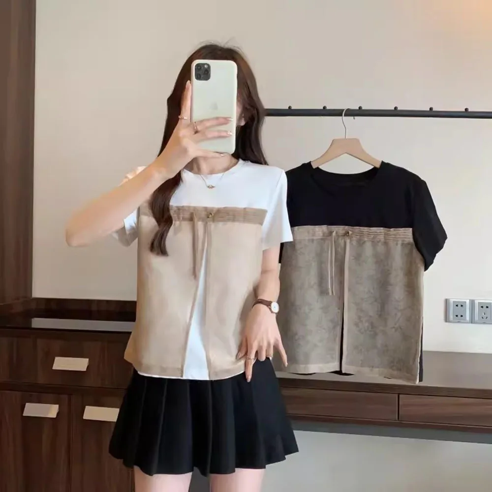 Large Women\'s White Tops Summer New Chinese Style Pan Button Tees Fashion Mesh Spliced Round Neck T-shirt Female Trend M-4XL