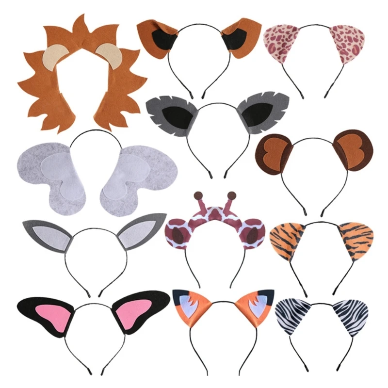 12Pcs Funny Animals Ears Headband Animals Hair Bands Elephant Rabbit Lion Ears Hair Hoop Set Decoration M76D