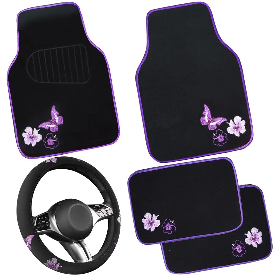 

Butterfly Steering Wheel Cover and Waterproof Car Floor Mats,Purple Car Mats 14.515inch Steering Wheel Covers Universal Fit for