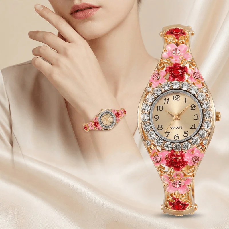 Luxury Woman Watches Retro Elegant Flower Diamond Stainless Steel Quartz Wristwatches Fashion Ladies Clock Gift Montre Femme