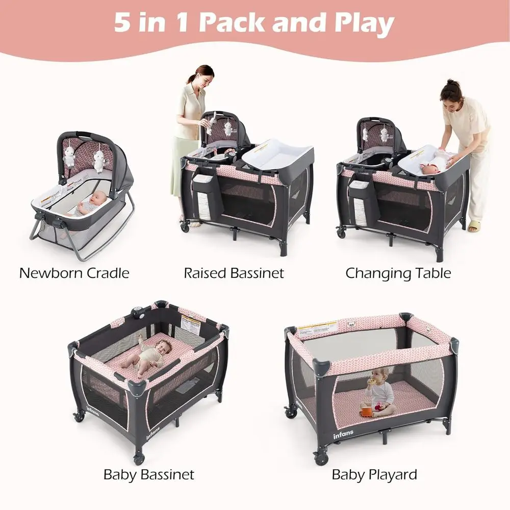 เปลเด็กอเนกประสงค์แบบพกพาพร้อมเปลนอน, ที่เปลี่ยนผ้าอ้อม, ที่นอน, ที่เก็บของ และของเล่น สีชมพู