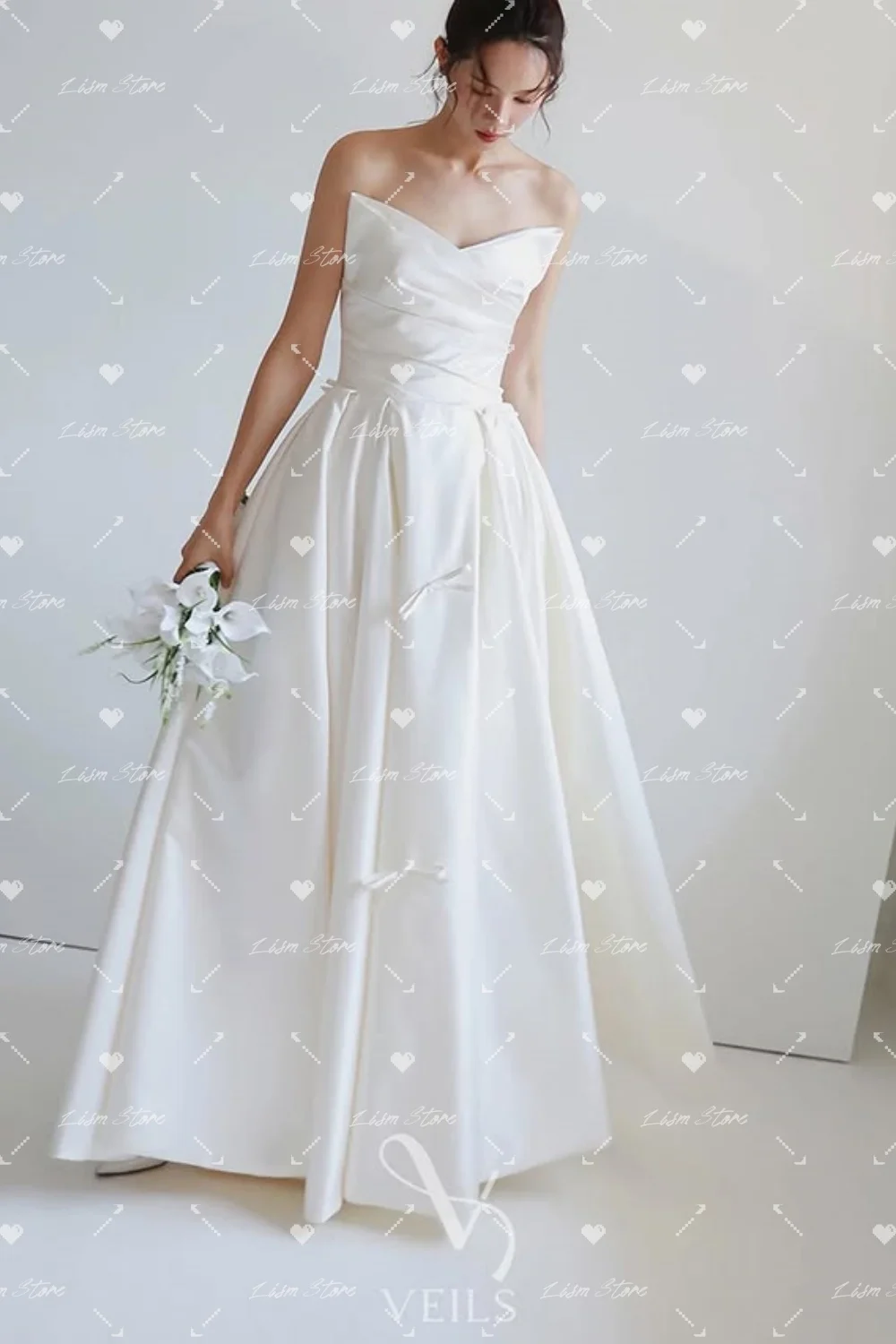 Lism Elegant Ivory Bow Wedding Party Dress Strapless Pleat A-Line Floor Length Satin Korea Photo Shoot Bridal Gown Customzied