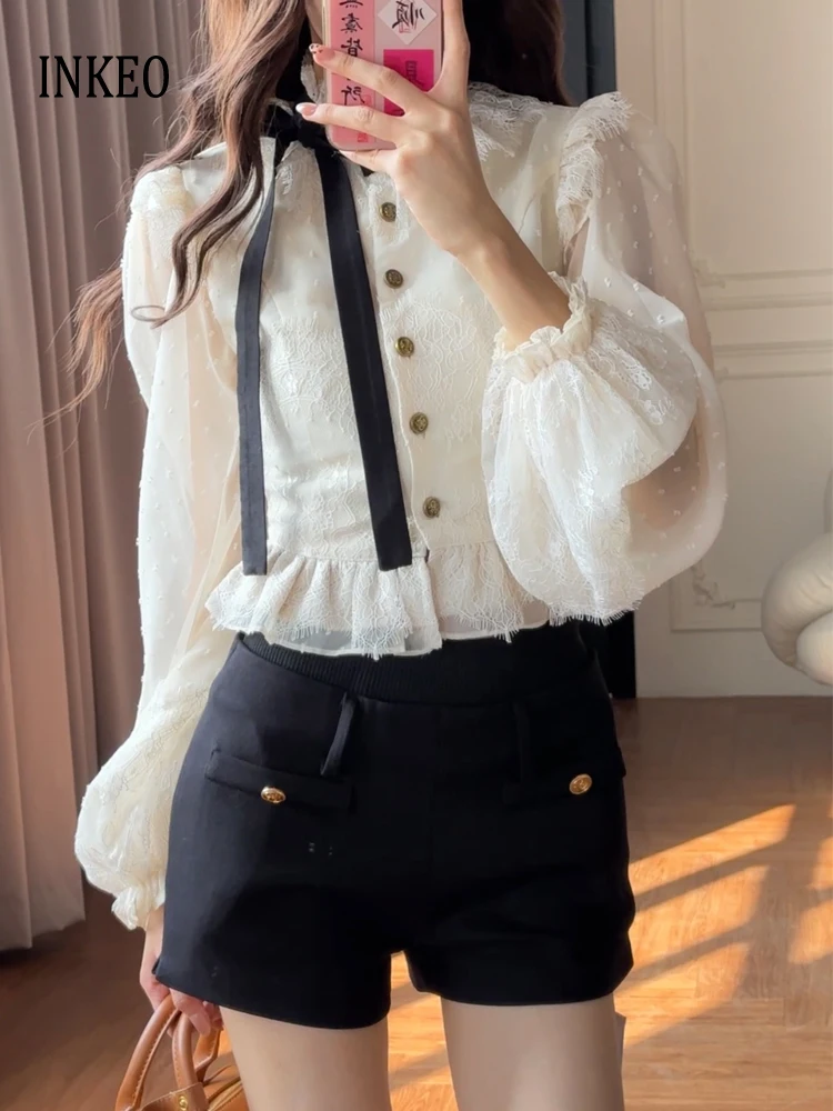 

Vintage Women Floral embroidery short shirt 2025 Spring Fashion Lace patchwork bow tie blouse Slim High street tops INKEO 4T240