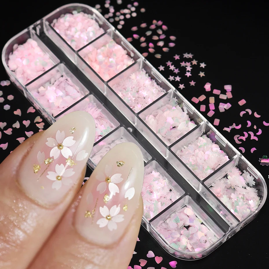 12 Grids Sweet Aurora Cherry Blossom Nail Art Sequins Holographic Romantic Japanese Korean Heart Butterflies Glitter for Nails