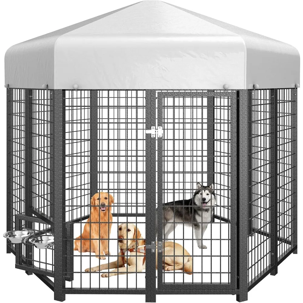 Round-Like Dog Kennel Pen Outside Outdoor Dog Run with Roof, Swivel Feeders/Doggy Door Allow Connecting Dog House- Pet Enclosure