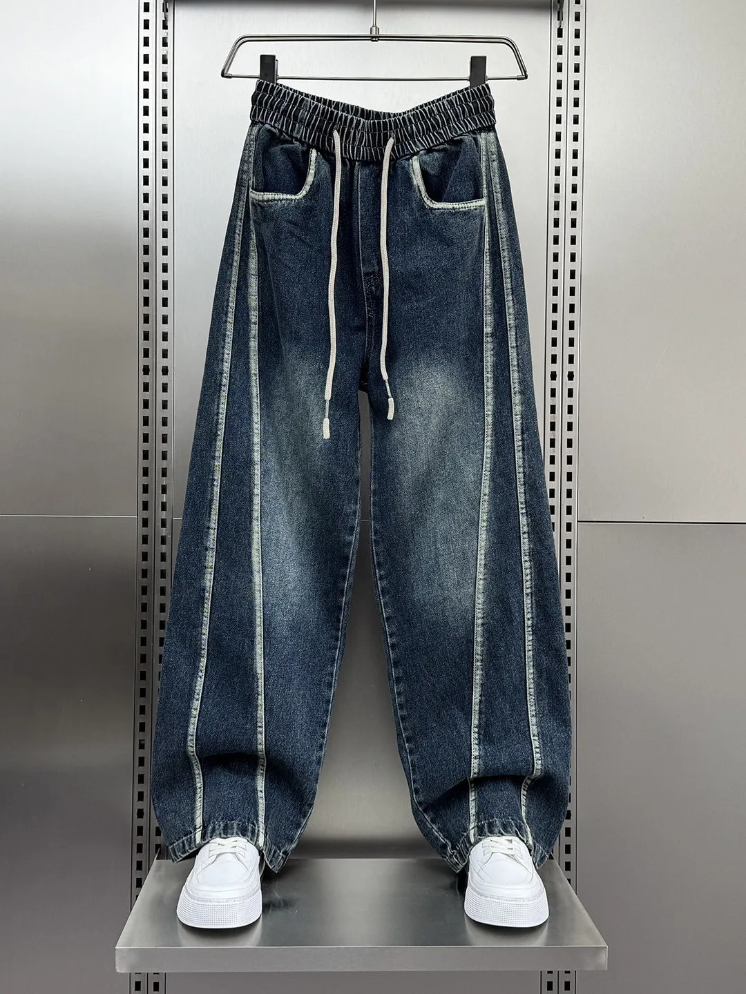 Retro American Deserted Style Men's Jeans Faded Washed Wide Leg Resistant to Wear Extra Size plus Size Comfortable Straight Cut