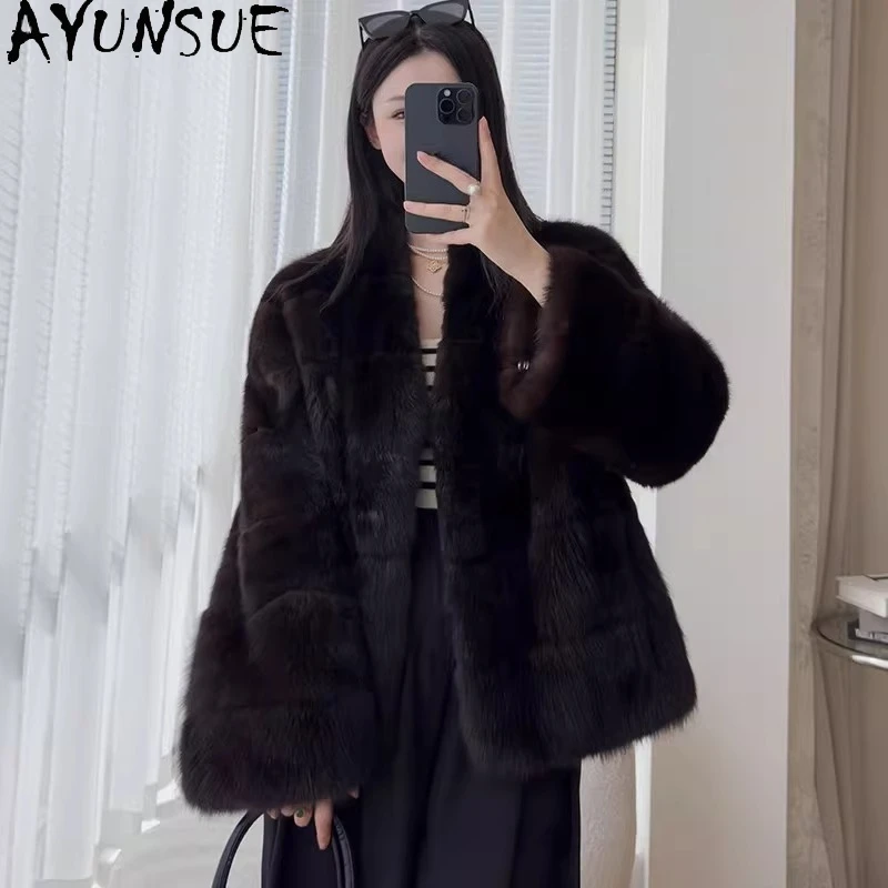 

AYUNSUE Высококачественная шуба из натурального норкового меха, женская зимняя одежда, теплые женские пальто из натурального меха, новые пальто, цельнофиолетовая норка Abrigos