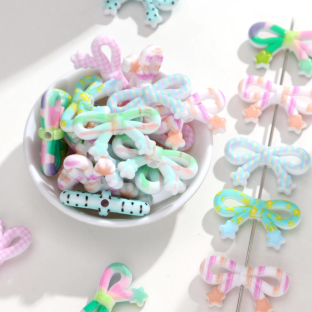 10pcs 20x34mm Acrylic Striped Polka Dot Star Bow Loose Spacer Beads Charms For DIY Crafts Keychains Headwear Jewelry Accessories image 6
