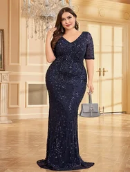 Lucyinlove Plus Size Elegant Vneck Sequins Evening Dress For Women Short sleeves Mermaid Formal Luxury Party Mermaid Prom Dress