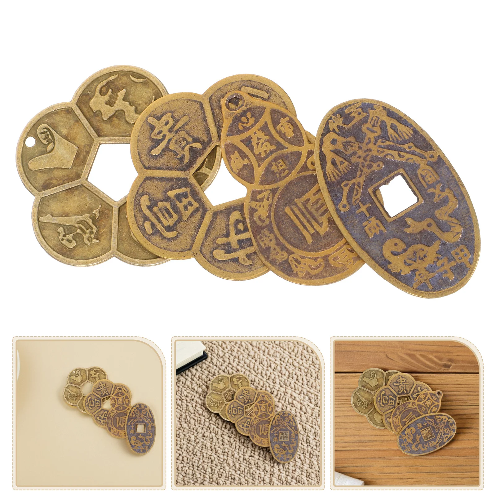 

4pcs Feng Shui Auspicious Chinese Brass Vintage Craft For Wealth Luck Fortune Multi-Function Divination Tool