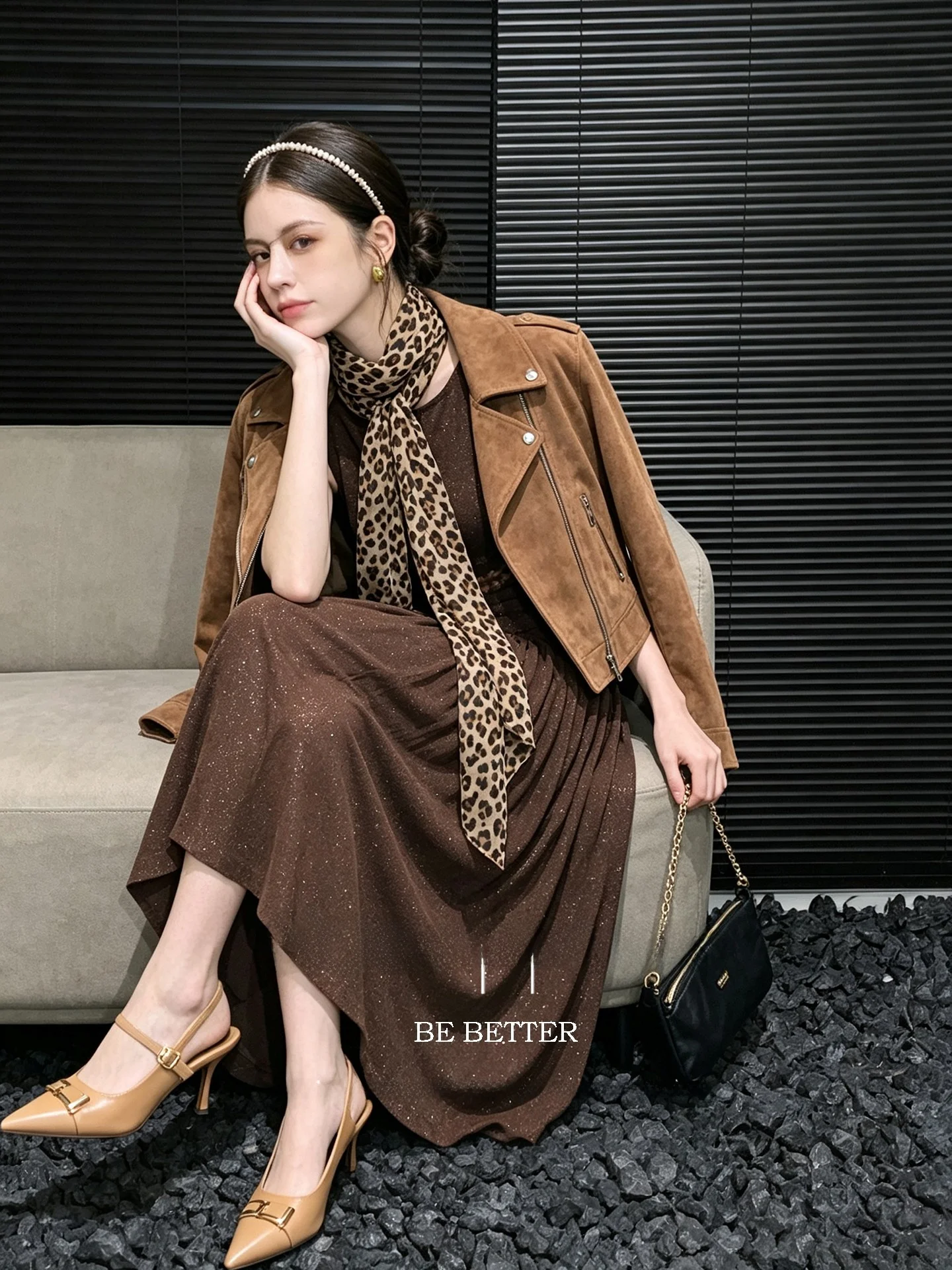 Huaappuw Glitter Knitted Dress Lace Waist Cinching Sleeveless Early Autumn New Style French Style A-Line Dress City Commute