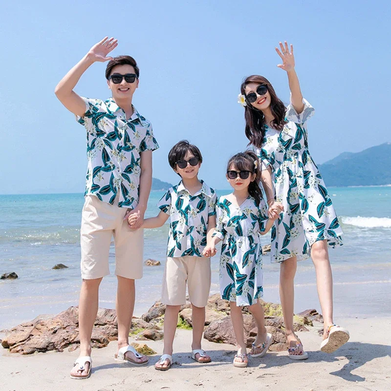 Family Matching Outfits Summer Beach Mother Daughter Dresses Dad Son Floral Shirt+Pants Couple Matching Outfits Women Girl Dress