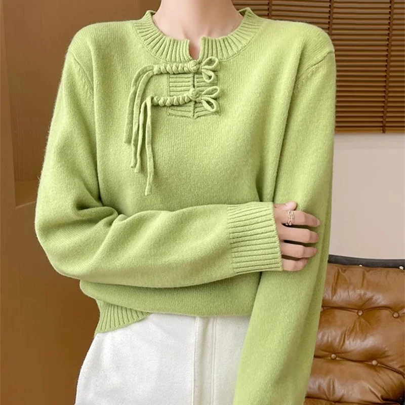 Chinese Style Pullovers Women Autumn Elegant Temperament Sweater Button Designed O-neck Knitted Cozy Streetwear Attractive Chic