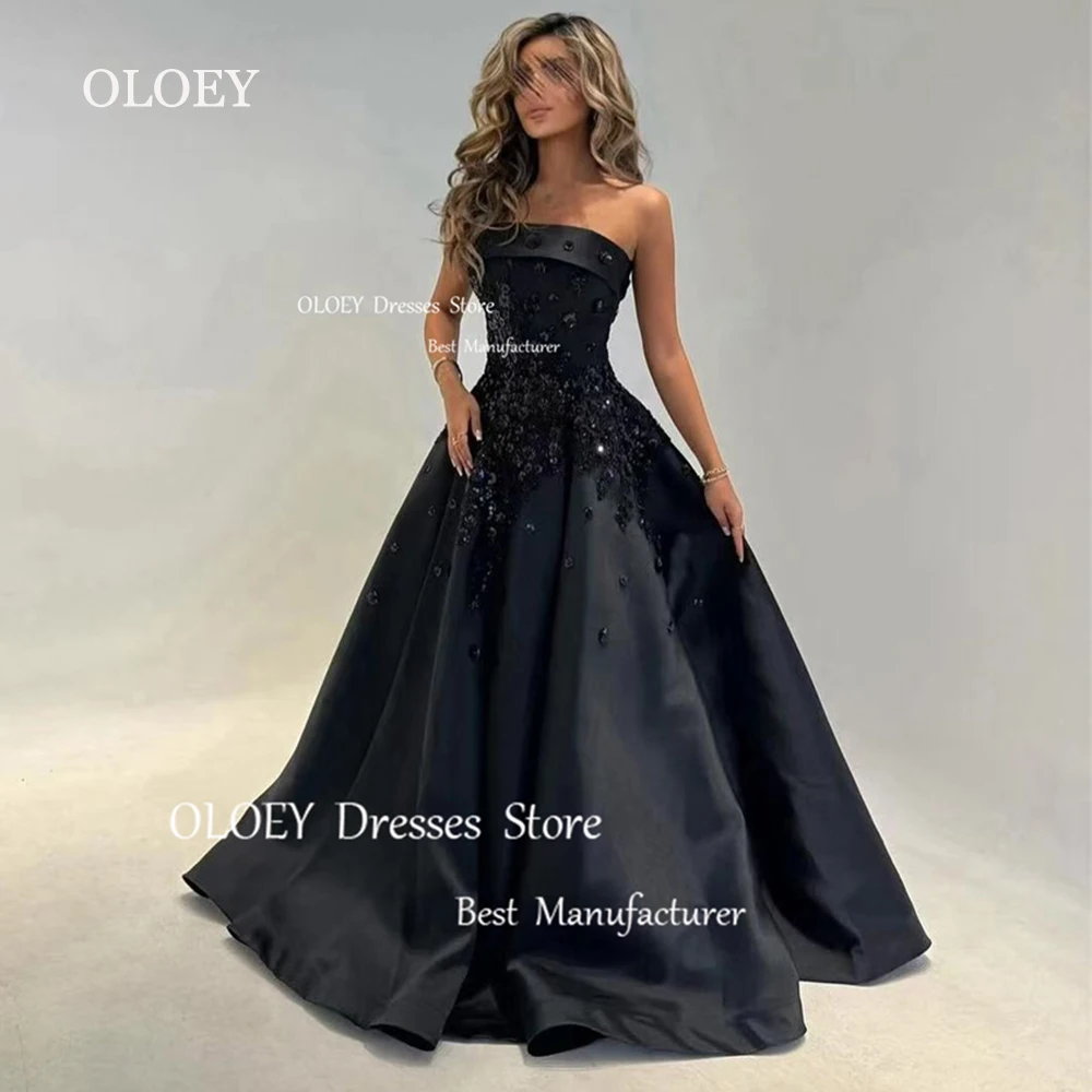 

OLOEY Elegant Strapless Black Satin Evening Dress Arabic Glitter Beads Wedding Party Dress Floor Length Formal Gowns Custom Made