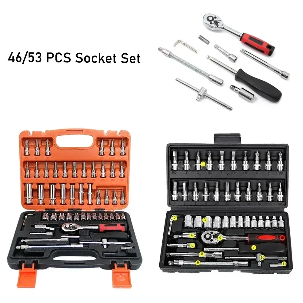 46/53pcs Drive Socket Set 1/4 inch Ratchet Wrench Set with Sockets Metric Hex Bit Socket Set Mechanic Tool Kits for Auto Repair image 6