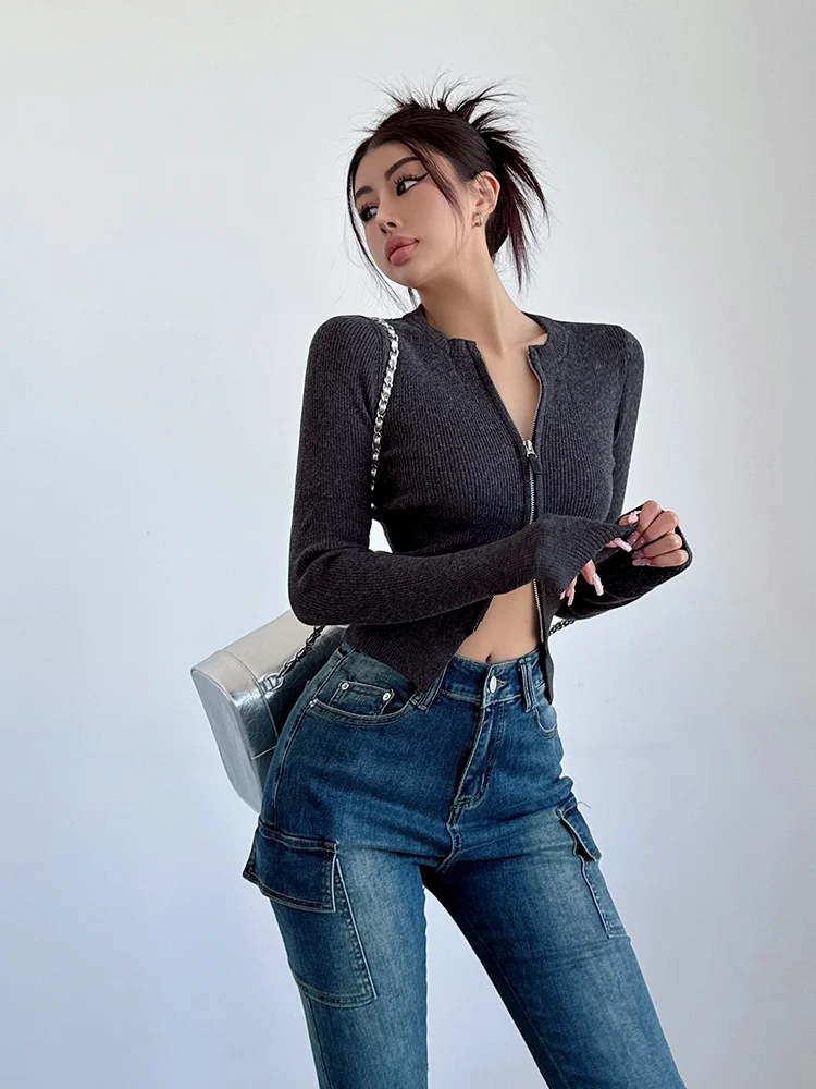 

Liviahome Spicy Girl Double Zipper Knitted Open Cardigan Women's Autumn Winter Tight Fit round Ne Waist Cinched Base irt