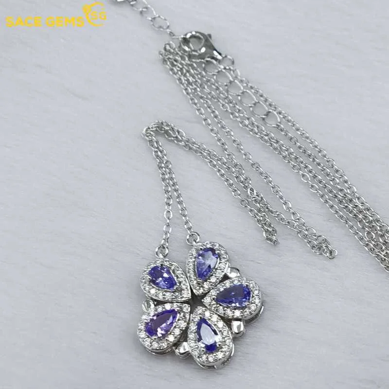 

SACE GEMS Luxury 100% 925 Sterling Silver Tanzanite Pendant Necklaces for Womne Two Ways To Wear It Fine Jewelry Birthday Gift