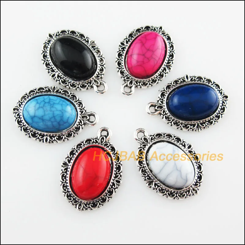 

12Pcs Tibetan Silver Plated Oval Mixed Stone Charms Pendant 16.5x23mm