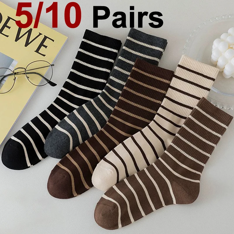 

5/10 Pairs Women Mid Length Socks Fashionable Striped Print Soft Comfortable Sweat Absorbing and Breathable Casual Socks