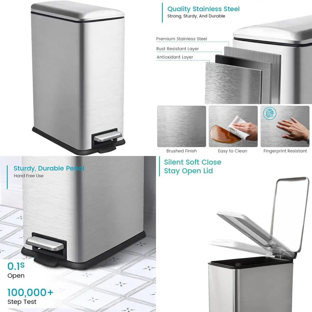 

Stainless Steel Kitchen Trash Can with Foot Pedal, Soft-Close Lid, and Removable Inner Bucket for Easy Cleaning and Hygiene