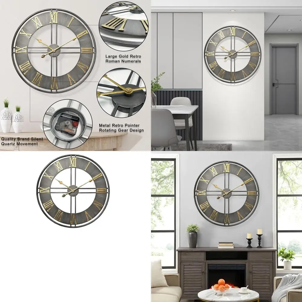 

20 Elegant Metal Roman Numeral Wall Clock - Silent Quartz Movement, Battery-Powered for Home Decor