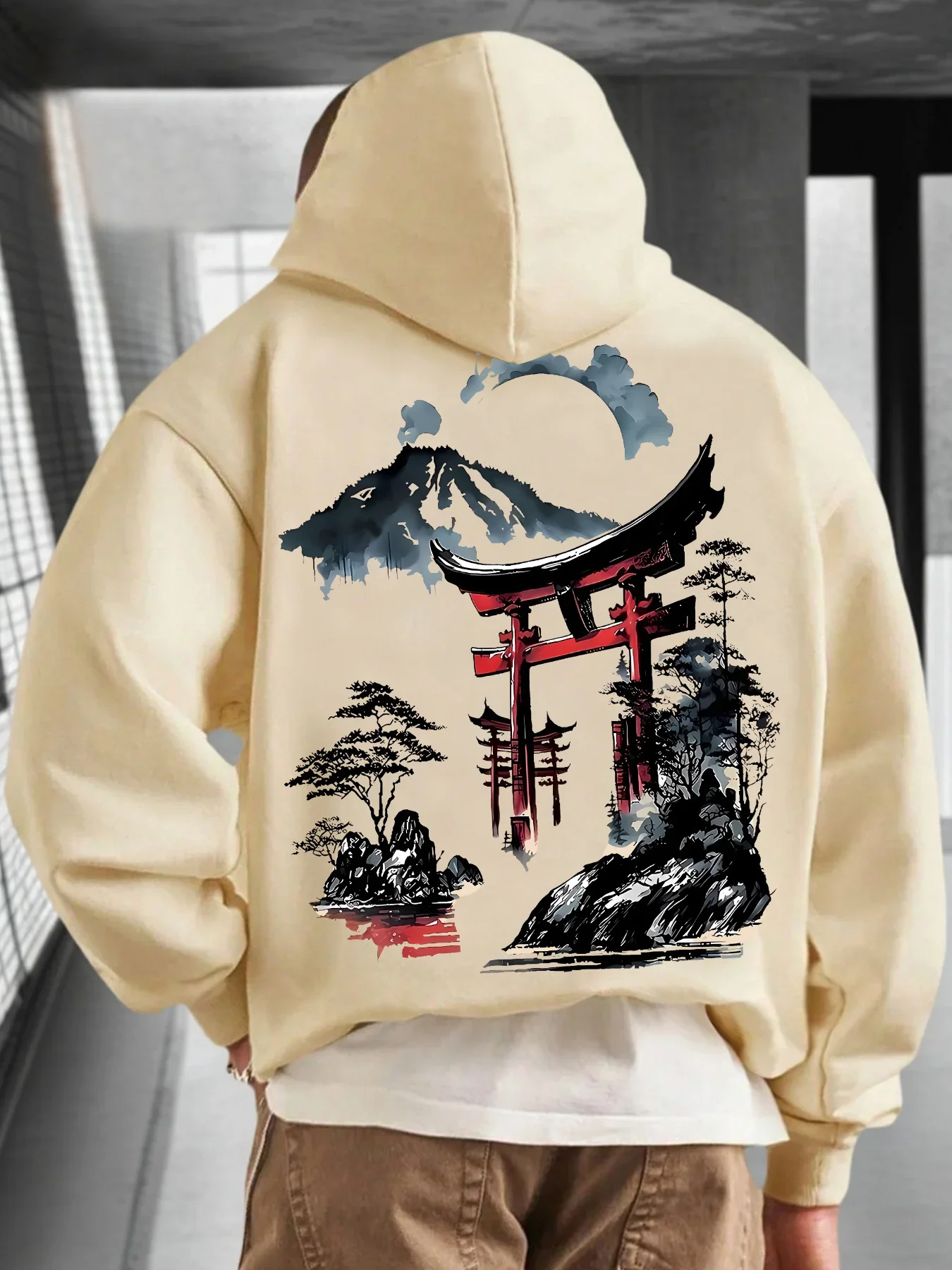 2026 New Men Fleece Hoodie Japanese Ink Wash Torii Gate Mount Fuji Pine Tree Landscape Back Print Asian Street Pullover