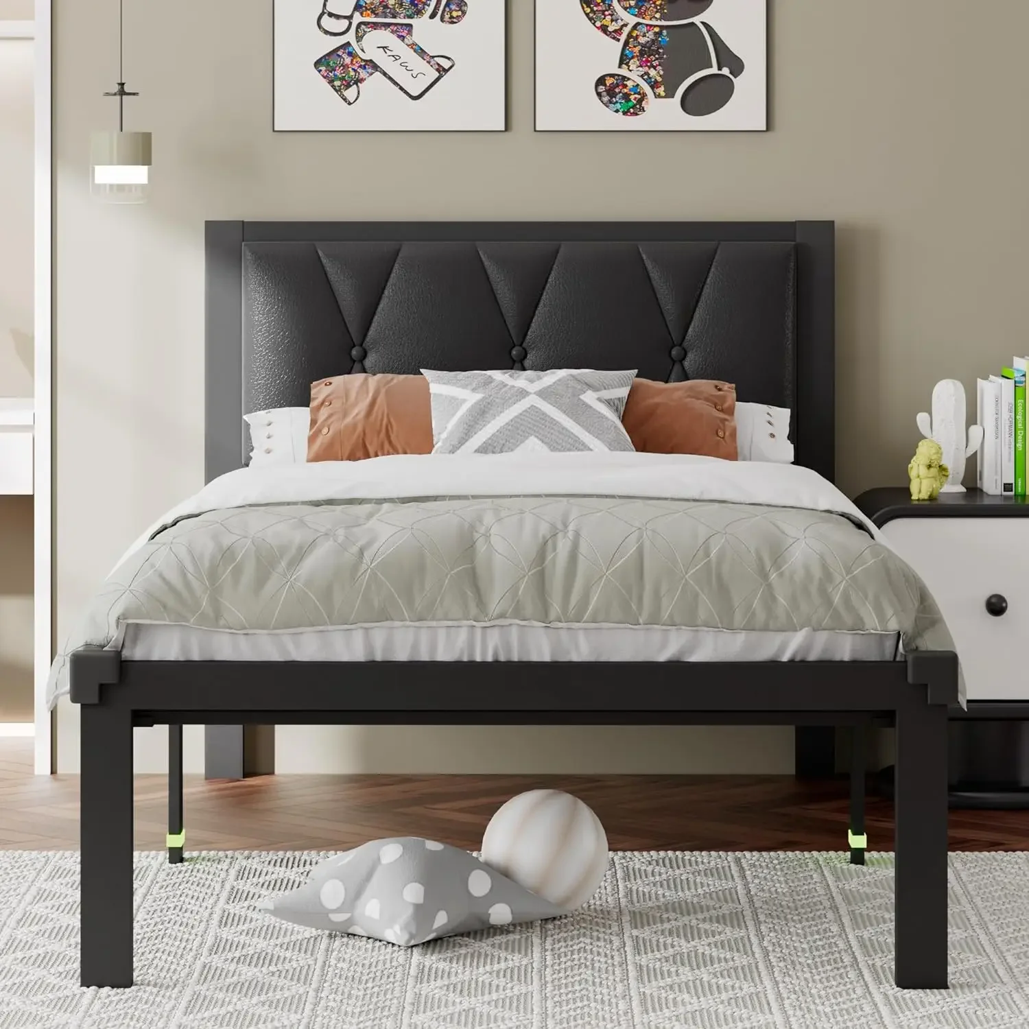 Feonase Twin Size Metal Bed Frame with Faux Leather Button Tufted Headboard, Platform Bed Frame with Heavy Duty Metal Slats, 1