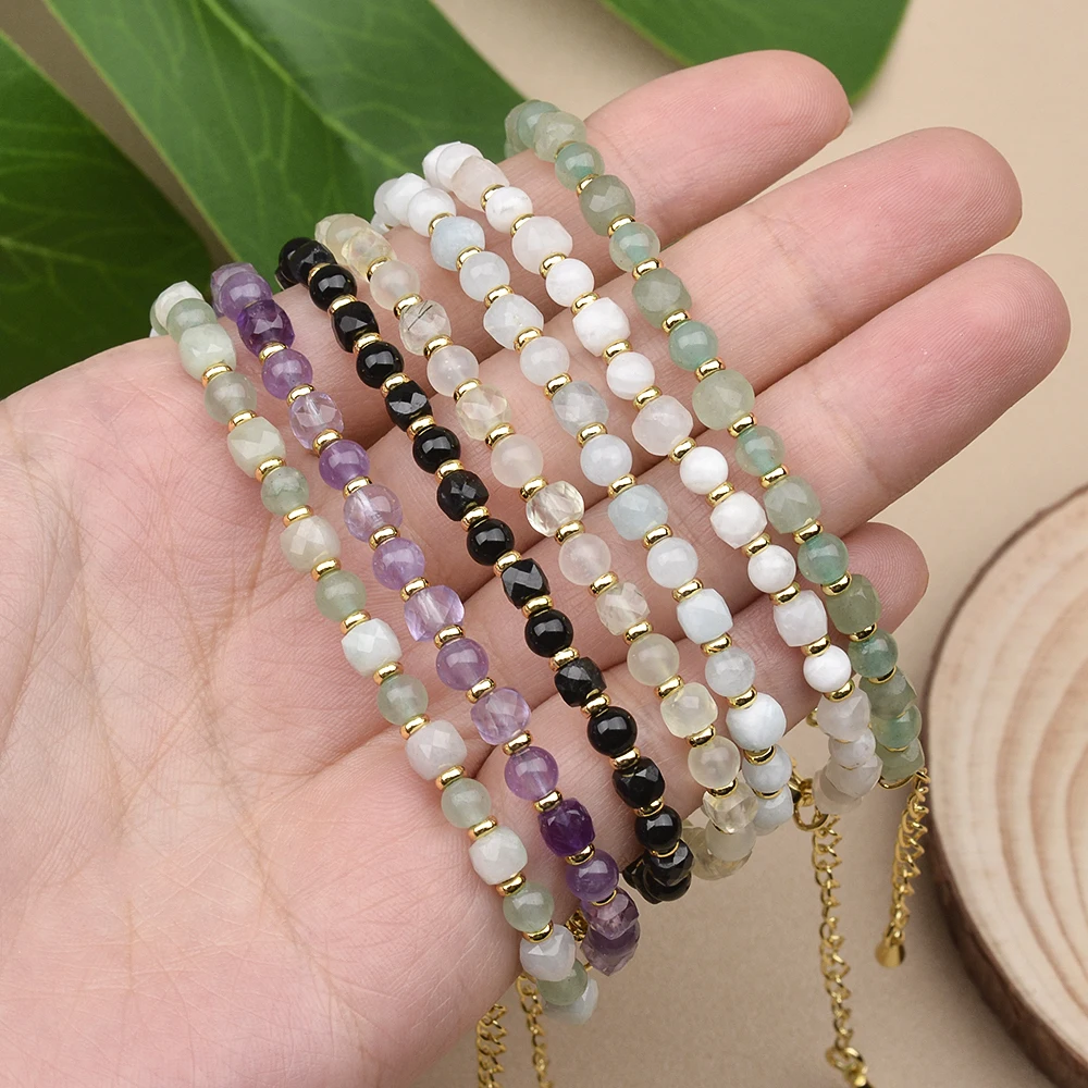 Natural Stone Amethyst Black Spinel Prehnite Moonstone Faceted Cubes and Round Beads Bracelet For Women Jewelry