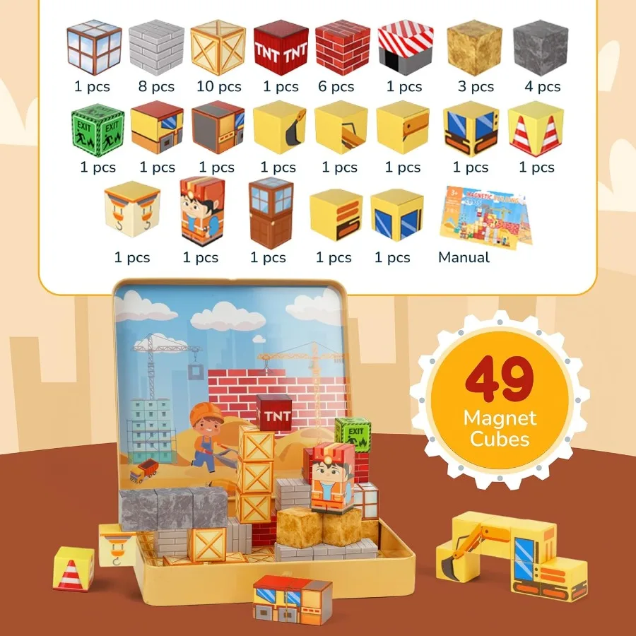49 pçs mini blocos magnéticos conjunto de construção haste brinquedos para crianças idades 38 caixa de ferro portátil armazenamento criativo 3d const