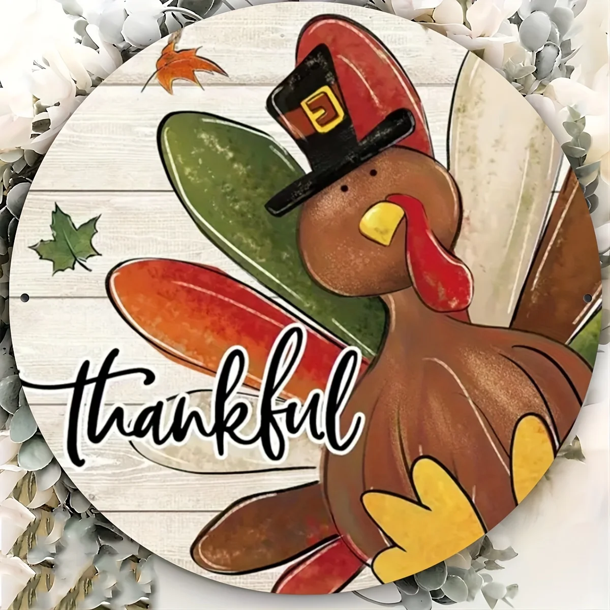 Thankful Turkey Theme Iron Foil Engraved Metal Sign Round Wall Decor for Bar, Cafe, Club, Kitchen - 8x8 Inch - Thanksgiving Deco