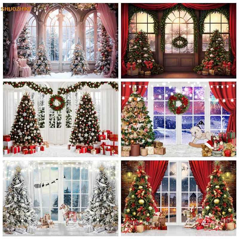 

Christmas Window Photography Backdrop Winter Wonderland Snow Tree Starry Sky Moon Reindeer Santa Photocall Background Photo Prop