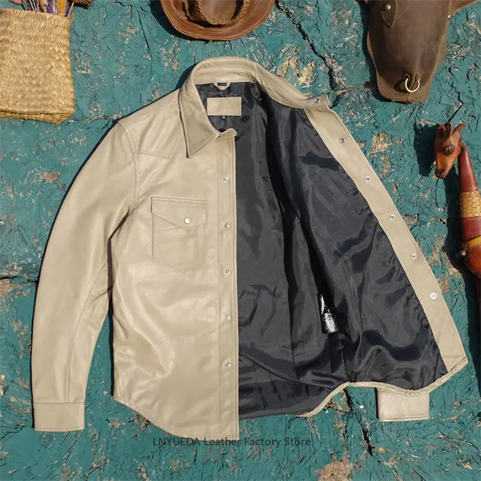 Men Ultra‑Thin 0.5mm Imported Top‑Grain Sheepskin Genuine Leather Shirt Jacket American Western Style with Bead Buttons