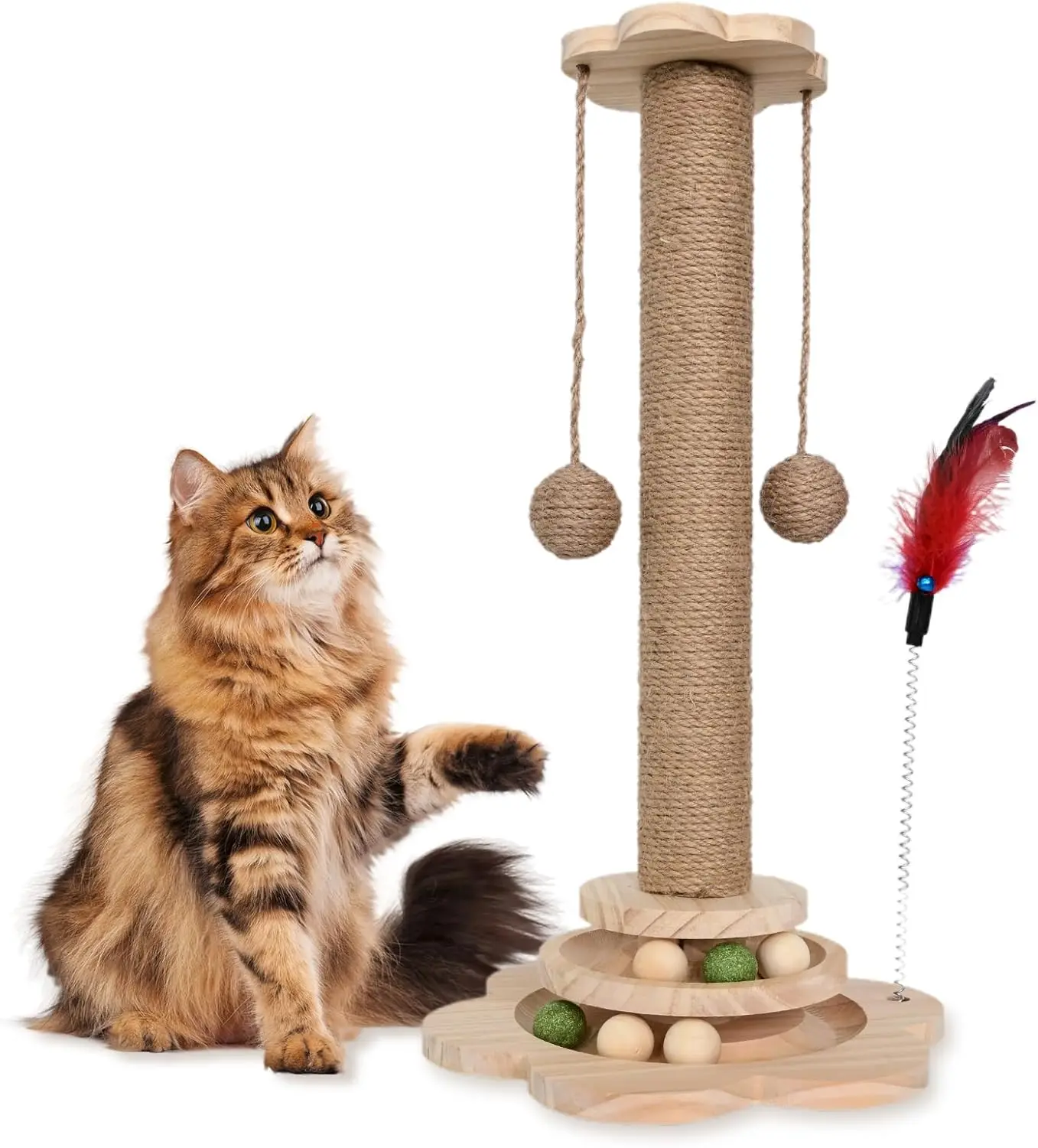 

Scratching Post - 4 in 1 Cat Scratch Post, Interactive Cute Small Wooden Cat Scratcher with 2 Level Catnip Toys Balls &