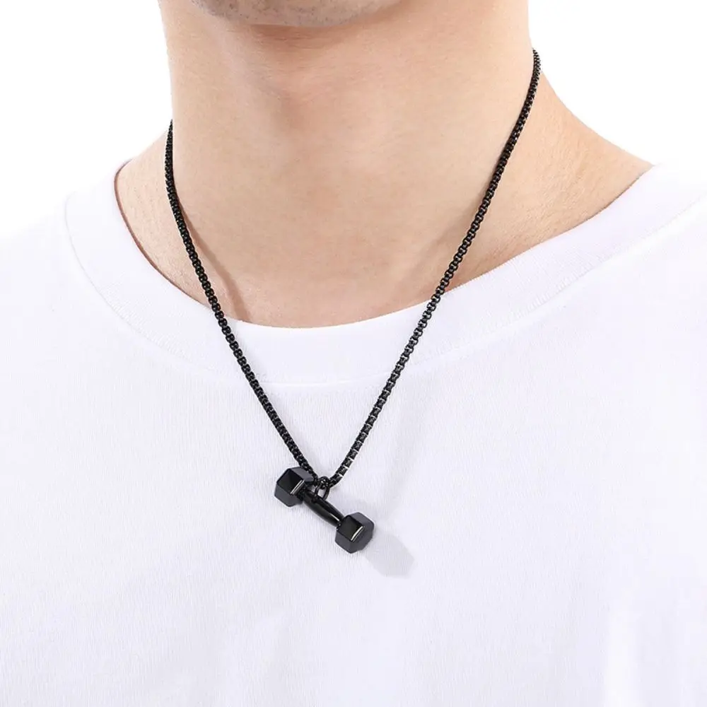 

Titanium Steel Dumbbell Necklace Square Bead Chain Hexagonal Fitness Series Pendants Mini Smooth Dumbbell Sports Necklace