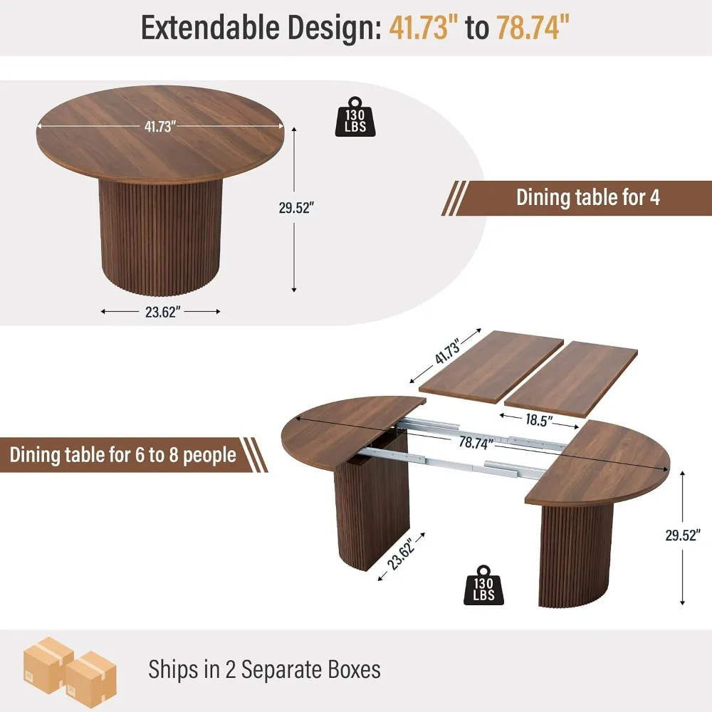 Extendable Dining Table 41-78 in for 4-8, Round Kitchen Table with Fluted Base, Walnut
