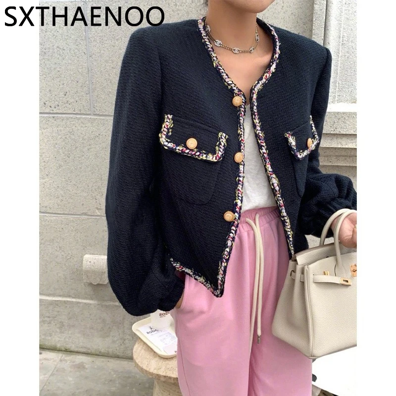 SXTHAENOO Vintage Color Woven Tweed Small Fragrance Short Navy Blue Coat Women Spring Fashion Casual Woolen Coat Outwear