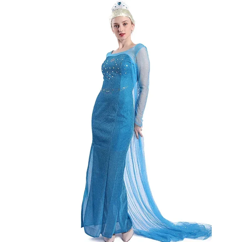 Frozen Elsa Costume for Women Blue Bling Snow Dress Wig Costume Halloween Party Costumes Ro