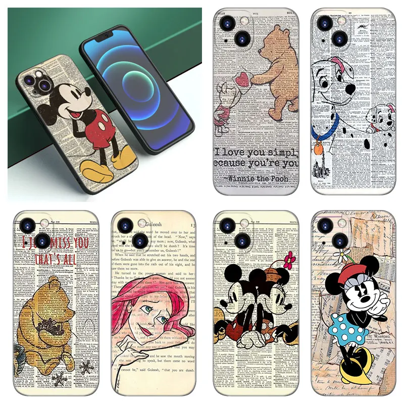 Mickey Minnie Newspaper Art Black Silicone Phone Case For Apple iPhone 12 13 Mini 11 14 15 Pro Max 7 8 Plus X XR XS SE 2020 2022