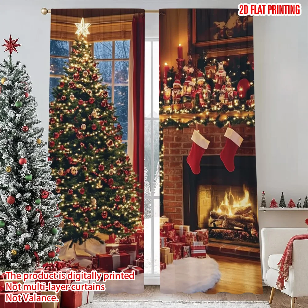 

2pcs 2D flat printing Merry Christmas Curtains Christmas tapestry Christmas tree and fireplace Warm interior Machine Washable