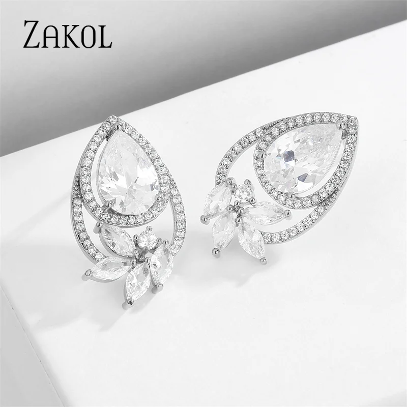 ZAKOL Fashion Water Drop Stud Earrings for Women Trendy Hollow Cubic Zirconia Girl Bridal Wedding Jewelry
